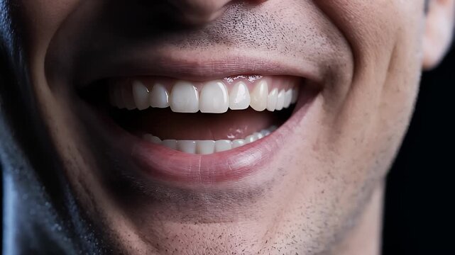 Extreme close up of a smiling man, demonstrating bright white teeth and oral health. Professional dental concept for clinical hygiene, cosmetic dentistry, and confident wellness.