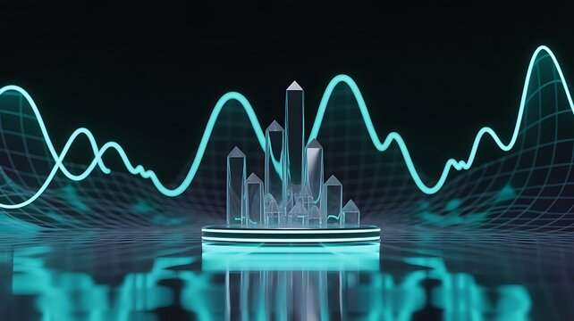 Abstract data visualization with crystal structures on glowing platform and wavy neon lines.