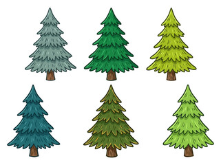 Fototapeta premium A collection of six stylized pine trees featuring varied shades of green and blue with detailed hand drawn textured lines