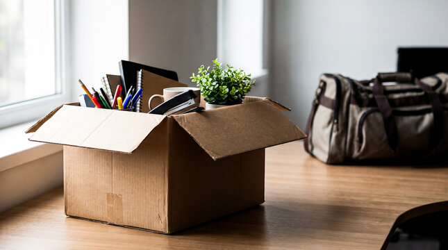 A cardboard box filled with office supplies, a plant, and personal items sits on a wooden desk next to a duffel bag