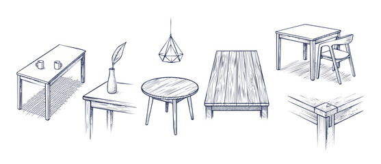 Wooden table sketch illustration set of minimalist furniture interior design elements with rustic hand drawn engraving style on white background for architectural blueprints and home decor icons. © Dinali