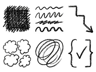 Obraz premium Collection of hand drawn charcoal texture elements including scribbles, wavy lines, geometric shapes, and a checkmark on white paper