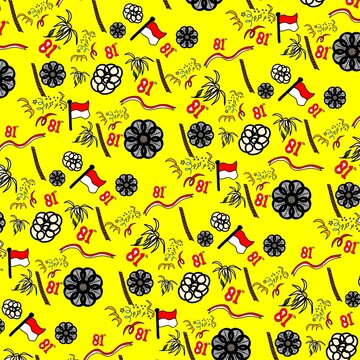 Seamless pattern of indonesian independence day elements, floral batik, and festive devorations, high resolution JPG with yellow background