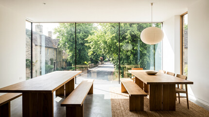 Fototapeta premium Minimalist interior dining room with large glass windows overlooking a tree-lined street and historical buildings