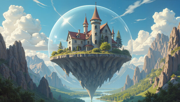 floating castle within a glass bubble above a mountain landscape featuring trees and a river, concept fantasy