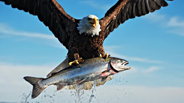A majestic bald eagle soars high above the ocean waves while clutching a freshly caught salmon in its sharp talons during a display of powerful hunting prowess within the wild natural landscape