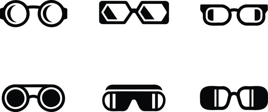 Diverse collection of stylized black and white eyewear icons displaying various glasses and sunglasses designs in a minimalist graphic style