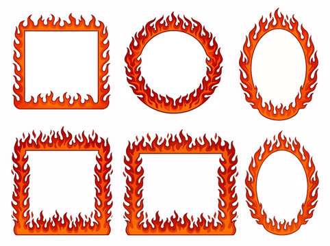 Set of vibrant flaming frames featuring square circular and oval shapes with bright orange and red stylized fire graphic elements