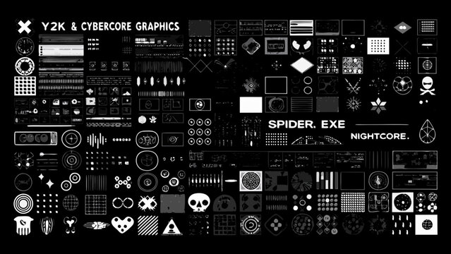 Dense collection of white vector illustrations and shapes reminiscent of early internet graphics and cybercore aesthetics abstract design aesthetic