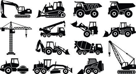 Vector collection of construction machinery silhouette icons including excavators, bulldozers, dump trucks, cranes, cement mixers, and tractors © meftahul creatives