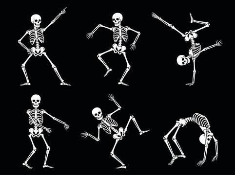 A collection of white skeletons displaying dynamic dancing poses with detailed bones and sharp lines on a solid black background