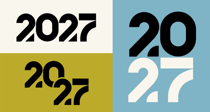 Set of vibrant modern 2027 number designs with dynamic color combinations. Happy New Year 2027 logo featuring colorful typography, creative numeric symbols, festive vector templates for greeting cards
