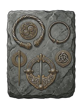 Ornate ancient metalwork jewelry and artifacts displayed on stone