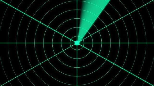 Circular radar screen display with a glowing green scanning beam rotating on a dark background for navigation and surveillance technology concepts