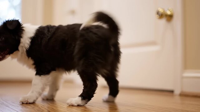 Energetic Border Collie Puppy Playing at Home. Happy Young Dog Wagging Tail in Domestic Living Room Setting.