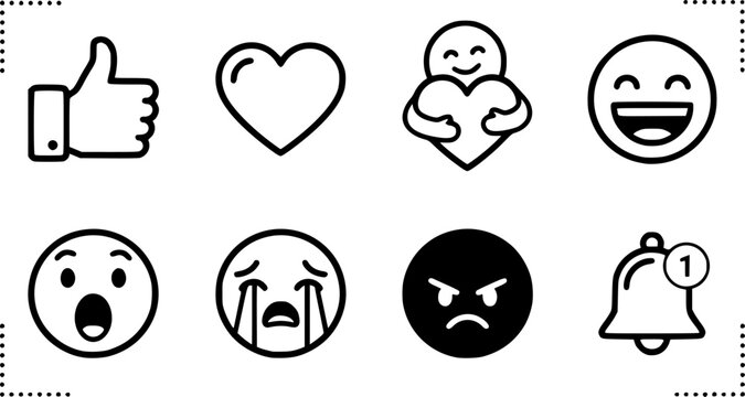 Facebook reactions. social media smiley emoji face ; thumb up icon, like, love, heart, care, haha, wow, sad, angry, emojis icon.notification icon.social media emoticon reactions collection .