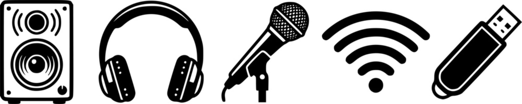 Computer accessories icons set 01 with speakers headphones microphone wifi and usb drive.

