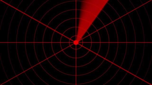 Circular radar screen display with a glowing red scanning beam rotating on a dark background for navigation and surveillance technology concepts