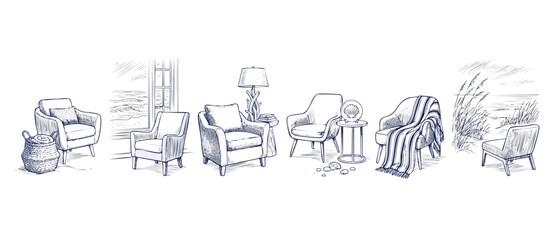 Obraz premium Coastal armchair sketch line art set featuring cozy beach house living room furniture, sea view window, driftwood lamp, and nautical seaside home decor illustrations on white background.
