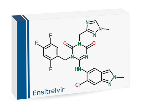 Ensitrelvir molecule chemical structure. Novel antiviral drug and 3C-like protease inhibitor for coronavirus treatment. Skeletal chemical formula. Paper packaging for drugs