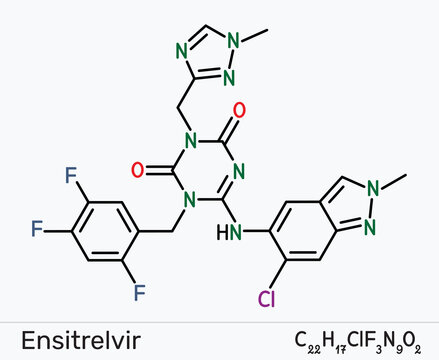 Ensitrelvir molecule chemical structure. Novel antiviral drug and 3C-like protease inhibitor for coronavirus treatment. Skeletal chemical formula