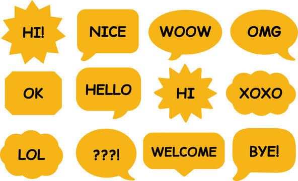 Colorful speech bubble vector collection featuring casual greetings, reactions, and playful text icons for communication design projects