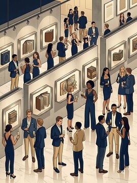 Elegant crowd socializing at an art gallery opening reception