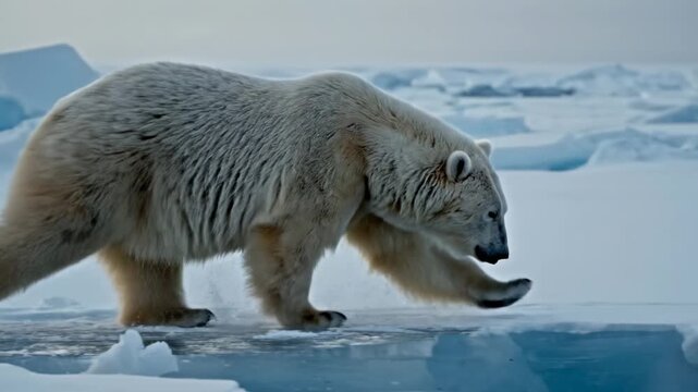 A majestic wild polar bear cautiously traverses the thinning ice floes amidst the vast frozen terrain of the Arctic Ocean while searching for food in its rapidly changing northern natural