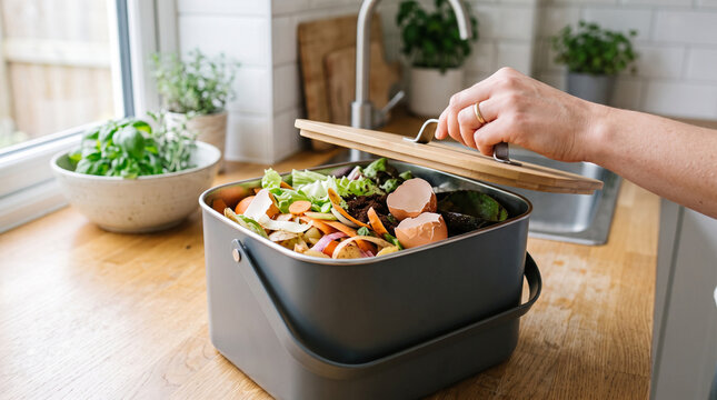 Hand opening a kitchen compost bin full of organic vegetable food scraps.