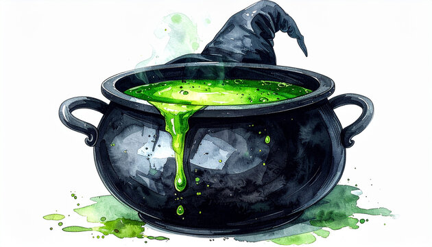 Witchs Cauldron with Green Potion in Fantasy Style
