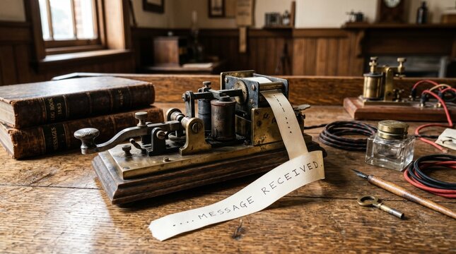 Vintage telegraph machine on a wooden desk with a paper strip displaying the message received in a dimly lit historical office setting for communication