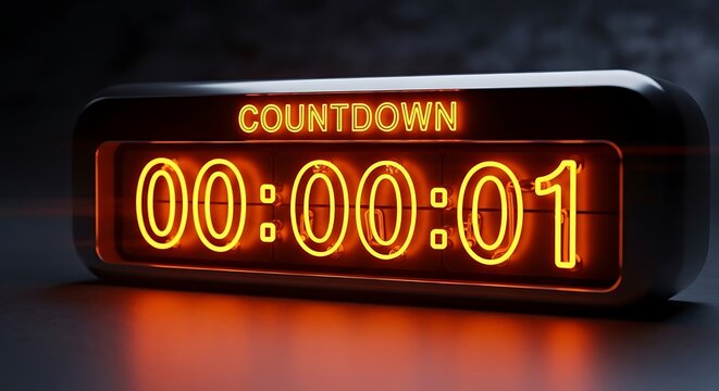 Digital countdown timer displaying 00:00:01 with glowing orange and red LED lights for event anticipation.