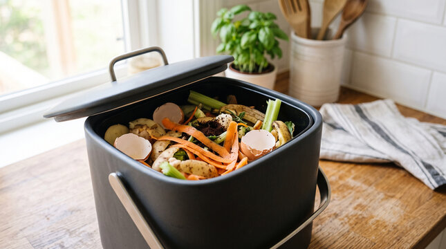 High angle view of a black kitchen composting bin loaded with food waste.