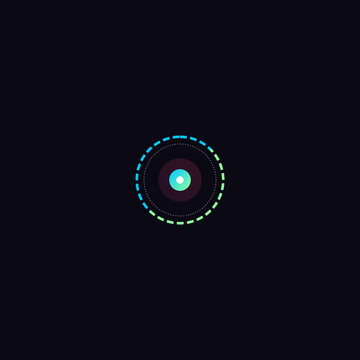 Futuristic glowing digital iris mandala interface element on black background