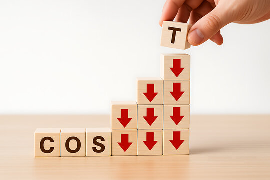 Wooden blocks spelling cost with descending arrow symbols a concept of reduction