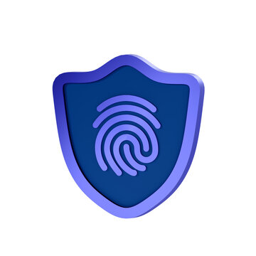 3D render icon of a blue shield with fingerprint pattern, representing cybersecurity, data privacy protection, biometric security, and secure digital finance.
