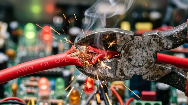 Industrial wire cutting with sparks and smoke on printed circuit board background for electrical maintenance with pair metal pliers cutting through red insulated electrical wire