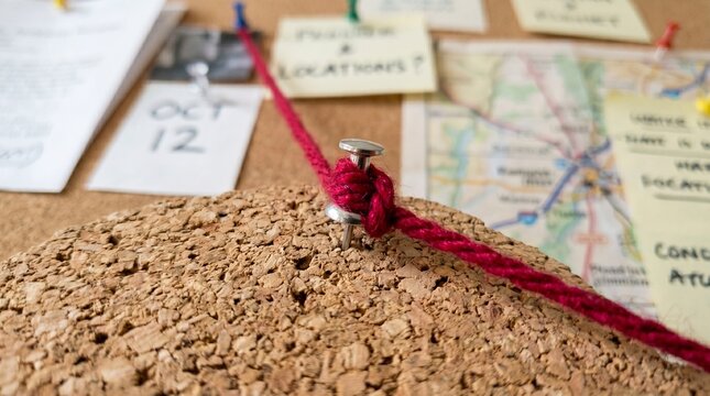 Red string tied to a metal thumbtack on a corkboard for investigative planning and connecting clues in a mystery with corkboard blurred investigation