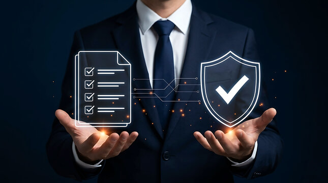 Businessman holding compliance checklist and shield icon for data protection