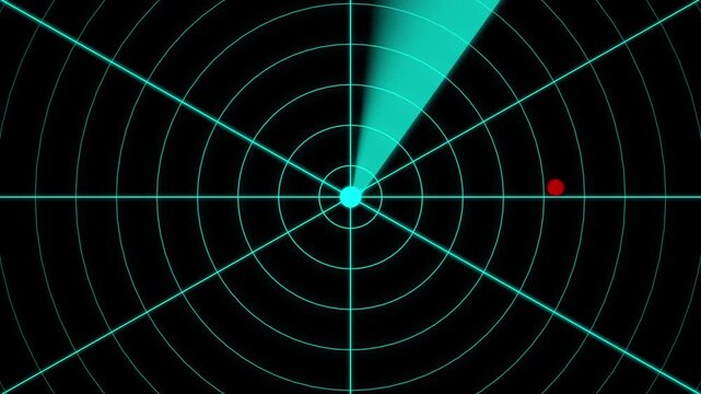 Cyan circular radar screen with grid lines and scanning beam detecting two red target dots on a dark black background for military navigation
