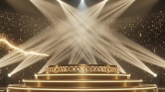 Grand gold stage podium under spotlight beams
