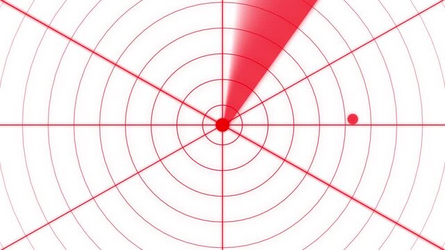 Red circular radar screen with grid lines and scanning beam detecting two red target dots on a white background for military navigation systems