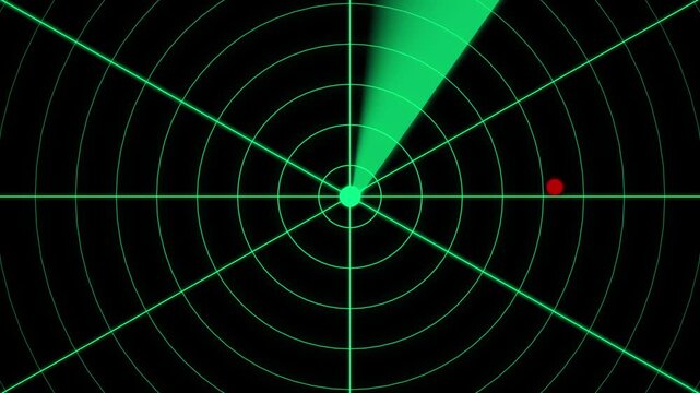 Green circular radar screen with grid lines and scanning beam detecting two red target dots on a dark black background for military navigation