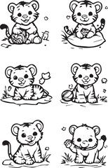 Obraz premium Adorable cartoon baby animals sitting on leaves and playing with toys baby tiger elephant cartoon illustrat