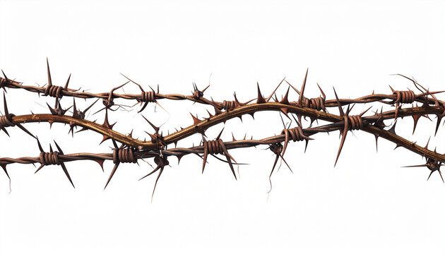 Closeup of Thorny Barbed Wire on White Background