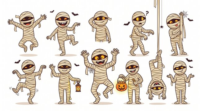 Ten cartoon mummy characters in playful poses, wrapped in bandages, symbolizing spooky humor, Halloween fun, and expressive character design.