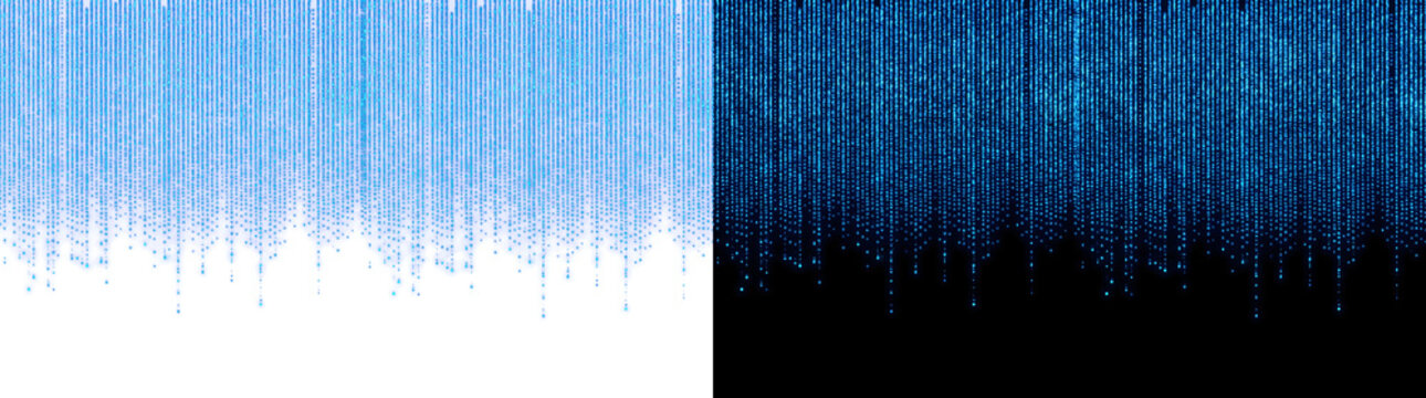Blue digital rain falling in glowing dotted streams resembling a matrix code pattern on light and dark backgrounds with PNG, Transparent and Black Background Versions