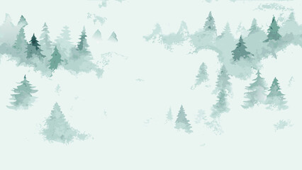 Watercolor forest scene with coniferous trees and a pale green atmospheric background evergreen pine spruce fir woodland woods © SayanKumar