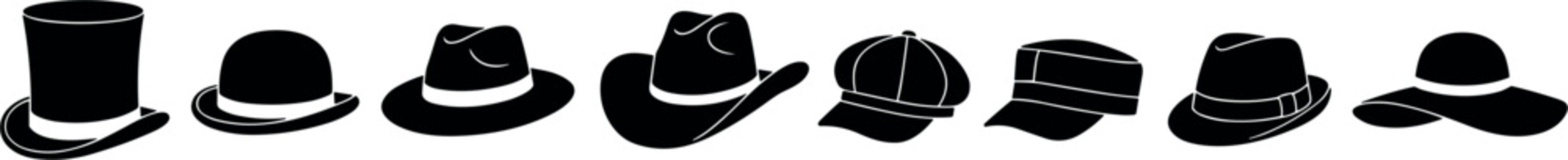 Classic Men and Women Hat Silhouette Icon Set with Retro Top Hat Cowboy Fedora Bowler Cap and Summer Beach Headwear Symbols for Fashion Branding