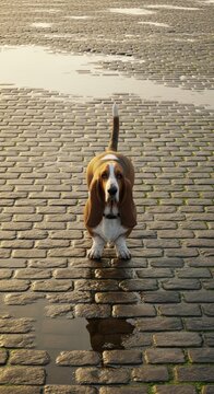 Basset Hound on wet cobblestone street.